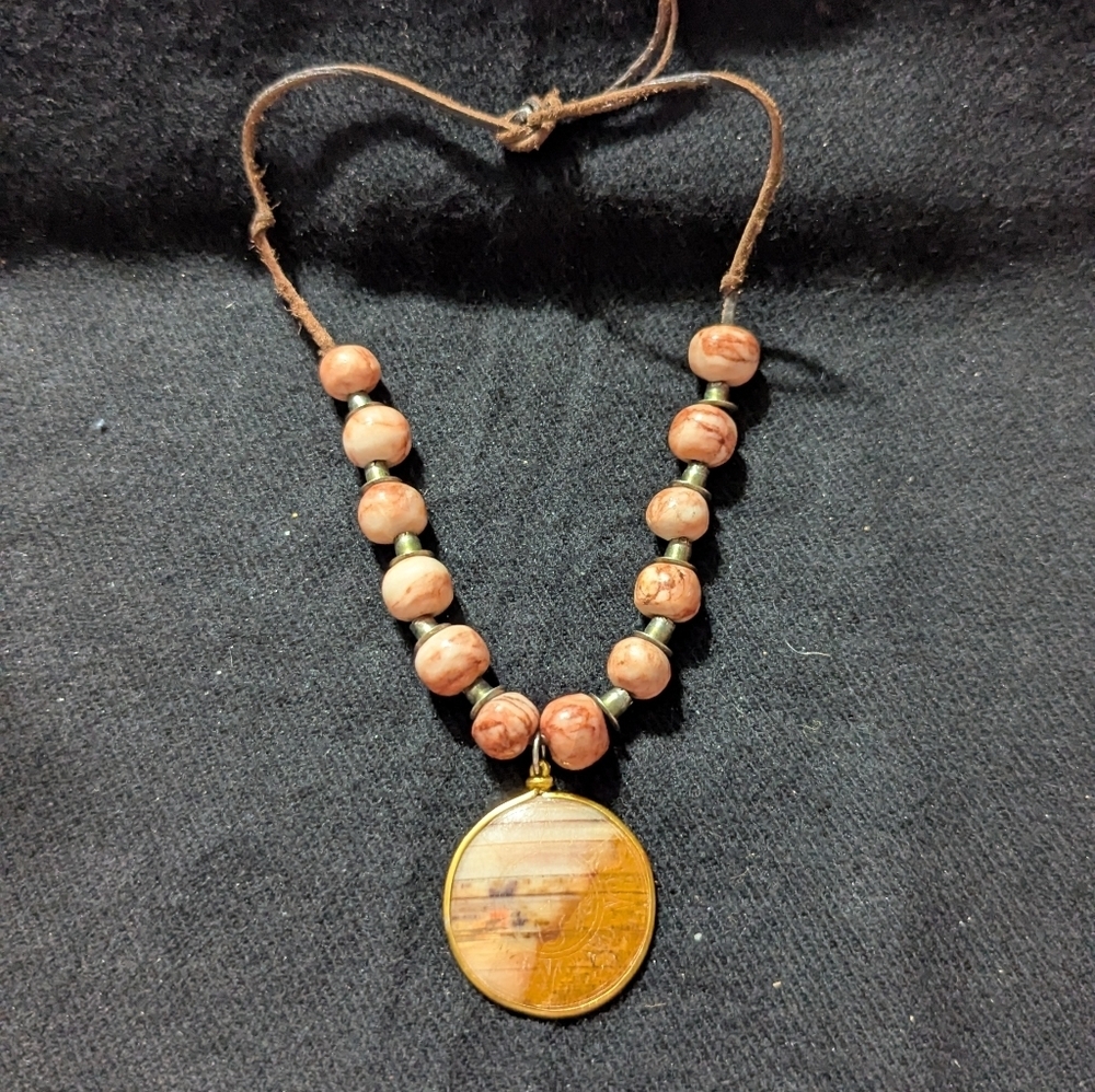 Brown Suede Cord Pink Beaded Shell Pendant Statement Necklace